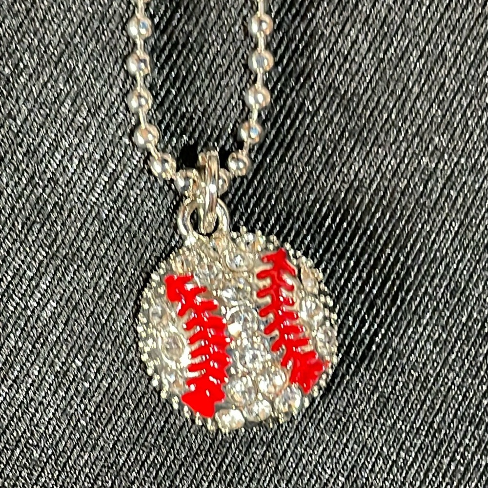 NWT Baseball charm with red and clear crystals on a silver chain 16”- 18” long